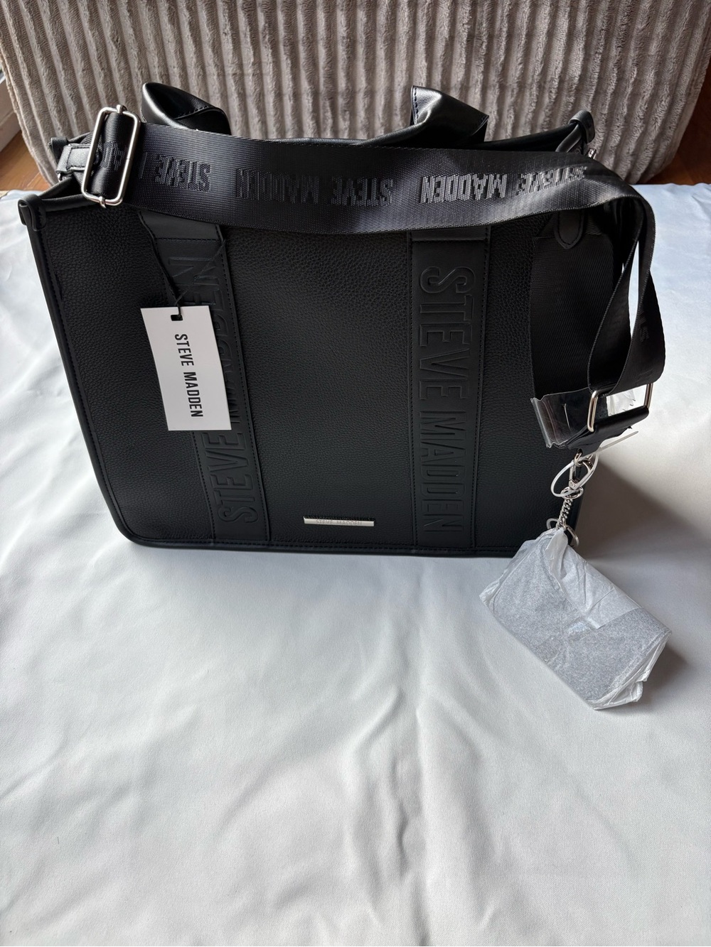 Steve Madden Black Embossed Logo Messenger Bag for Men